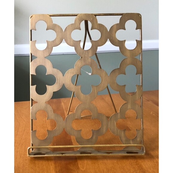Caffco Quatrefoil Gold Metal Book Art Stand Tablet Holder 10 x 8" - Picture 1 of 6